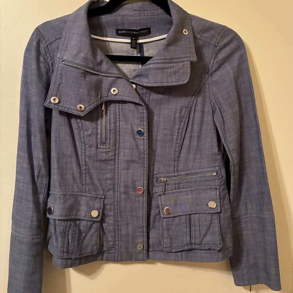 White House Black Market Chambray Moto-Style Jacket-EUC Sz 0 Petite Zippers - Picture 2 of 10